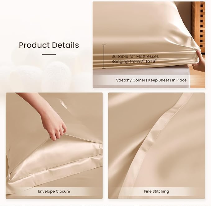 THXSILK Silk Sheet Set 4Pcs, 6A+ Top Grade 100% Natural Mulberry Silk Bed Sheets Luxury Bedding Sets Ultra Soft Durable Cooling, 1 Fitted Sheet, 1 Flat Sheet and 2 Pillow Shams (Queen, Champagne)