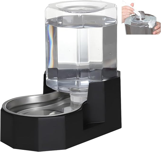 Sfozstra Gravity Water Bowl Dispenser : Automatic 5L Black Cat Stainless Steel Feeder with Specialized Brush - for Dogs with Joint Problems - Suitable in Garage Bedroom