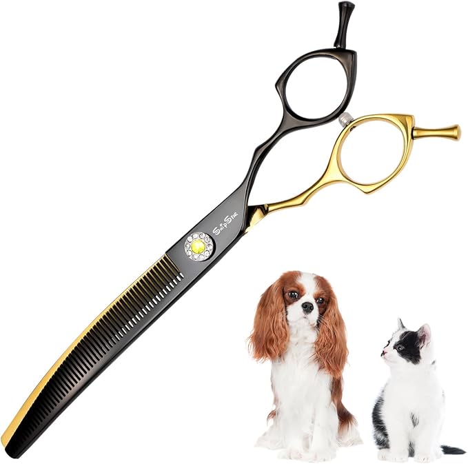 7.5inch Curved Thinning Dog Scissors, 56 Teeth High-end Dog Grooming Scissors, 25° Curved Blender, VG10 Steel Sharp Grooming Shears, Ergonomic Professional Pet Shears for Groomer