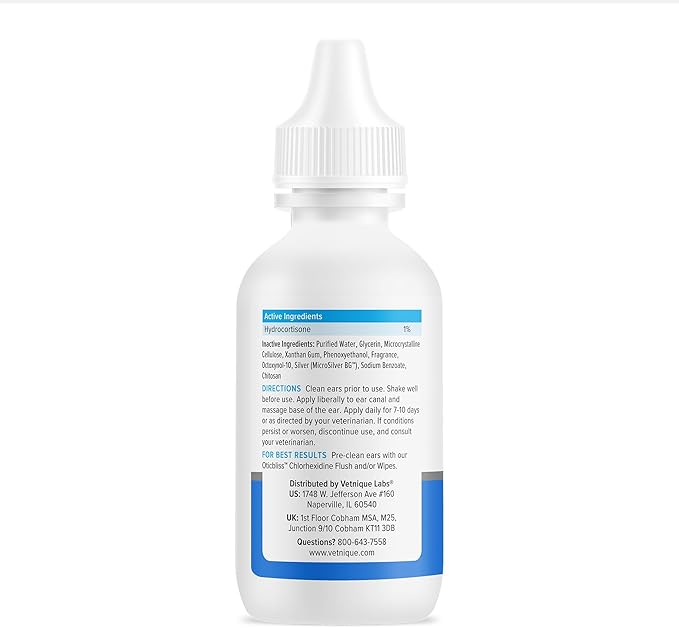 Vetnique Oticbliss Cat & Dog Ear Infection Treatment/Dog Ear Allergy Relief Drops, MicroSilver Yeast Infection Treatment for Dogs, Hydrocortisone for Itching, Redness Swelling (Ear Infection)
