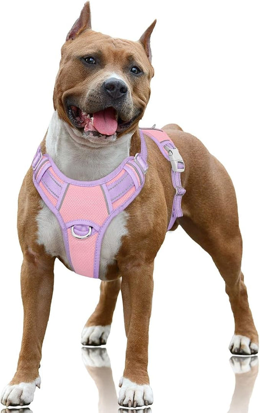 BARKBAY No Pull Dog Harness Large Reflective Dog Harness with Front Clip and Easy Control Handle for Walking Training Running with ID tag Pocket(Baby Pink & Violet Purple,L)