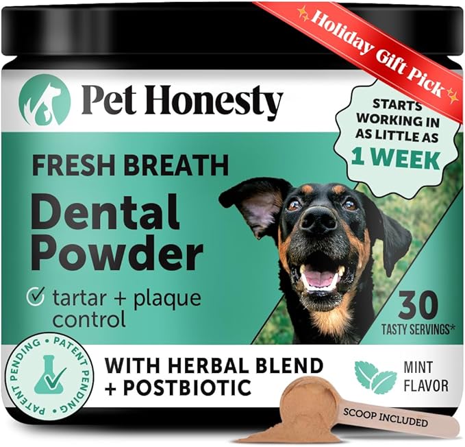 Dog Breath Freshener Dental Powder for Teeth Cleaning Plaque Off, Dental Care for Dogs, Tartar Remover for Teeth with Natural Herbal Blend + Postbiotics (Mint - 30 Servings)