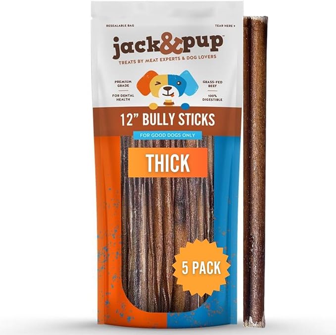 Jack&Pup 12 Inch Bully Sticks for Large Dogs (5 Pack) Thick Odor Free Bully Sticks, Long Lasting Pizzle Sticks for Dogs