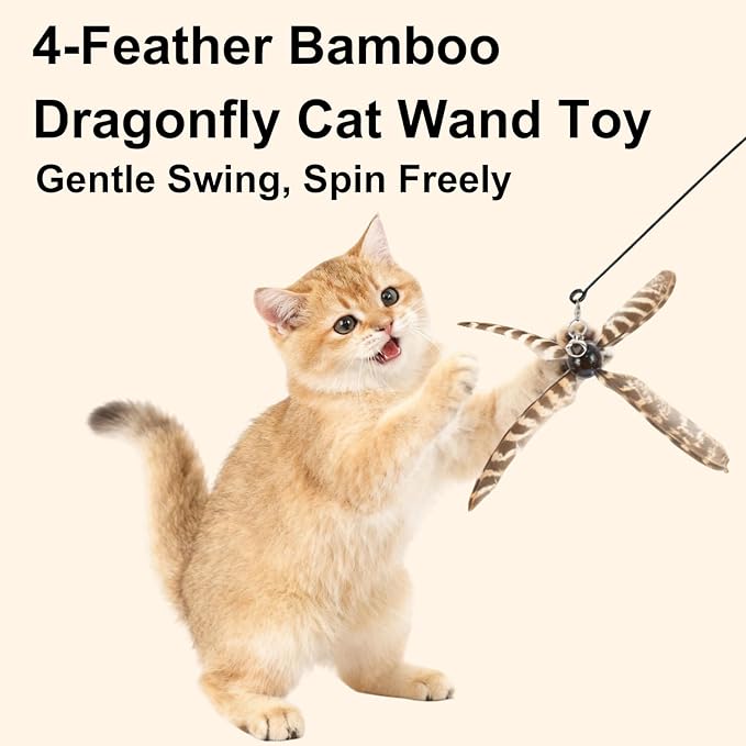 ottmat Cat Wand Toys Interactive for Indoor Cats, 4PC 4-Blade Feather Propeller Refills, 1PC Cat Wand 30'' Flexible Steel Wire Cat Teaser with Sturdy Wood Handle for Kittens & Adult Cats(Wild)