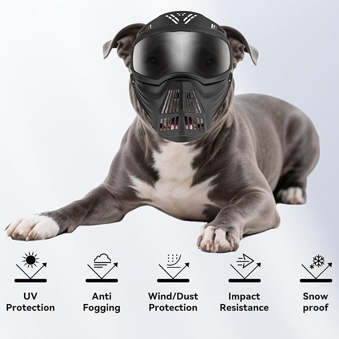 PETLESO Dog Goggles Large Breed, Anti-UV Dog Sunglasses for Full Face Protection, Pet Mask with Breathable Holes for Outdoor Camping Hiking Hunting, Adjustable, Black