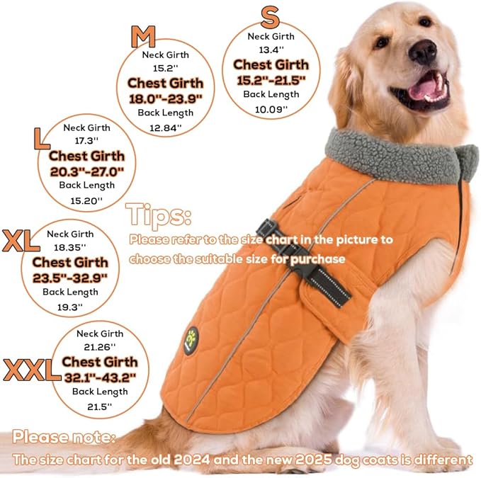 Dog Coats, Fleece Lining Winter Coats for Dogs, Adjustable Windproof Pet Cold Weather Coat, Quick Release Buckle Puppy Jacket for Small Medium Large Dogs, Orange S