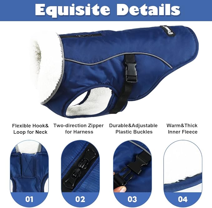 EMUST Dog Coat for Winter, Cozy Winter Jackets for Small/Medium/Large Dogs, Solid Color Dog Apparel for Cold Weather with Fleece Lining, Blue XXXL