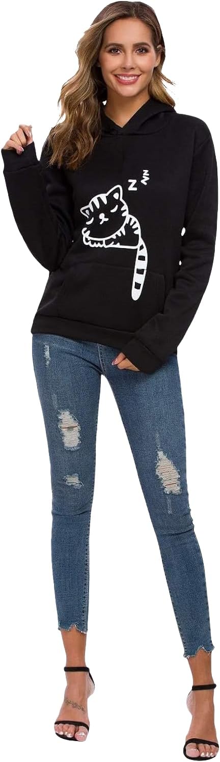 Women Teen Girls Hoodie Sweatshirt With Cute Cat Ear and Sleeping Cat Printed Pullover