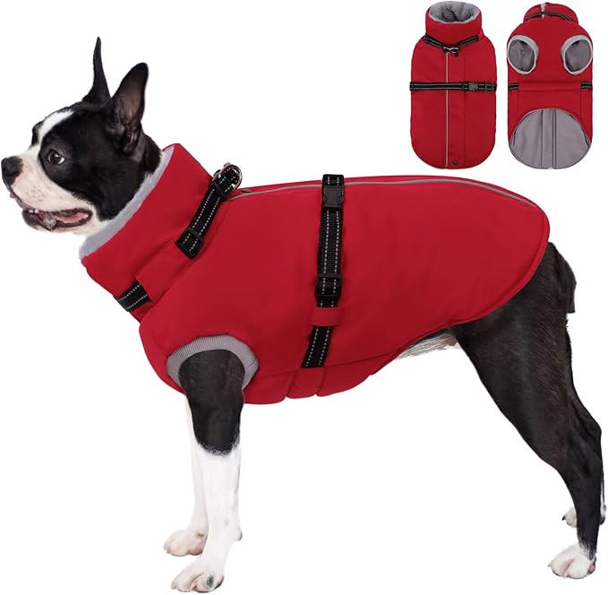 AOFITEE Small Dog Coat, Warm Dog Jacket Winter, Windproof Puppy Winter Coat with Harness & Zipper, Reflective Turtleneck Fleece Pet Sweater Snow Jacket Snowsuit for Schnauzer, Yorkshire Terrier, S