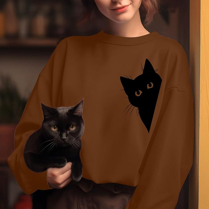 Cat Sweatshirts for Women Graphic Print Sweatshirt Funny Long Sleeve Shirt Cute Pullover Lightweight Hoodie Tops
