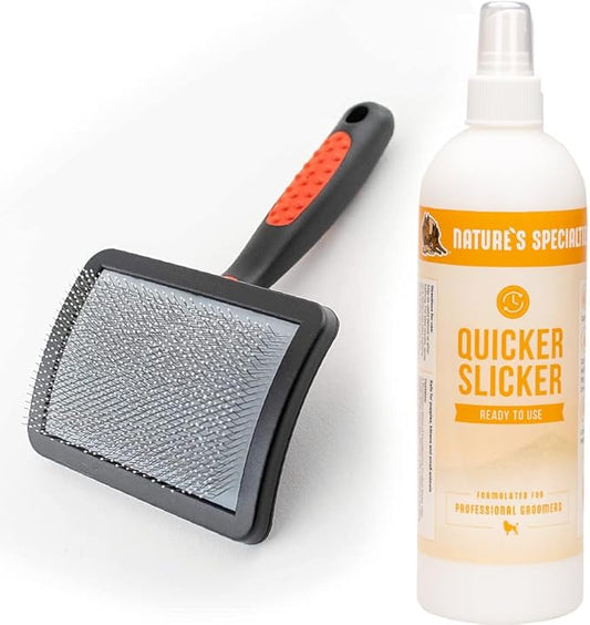 Paw Brothers Grooming Tool and Nature's Specialties Conditioning Spray Bundle - Soft Coated Pin Curved Slicker Brush, Medium- Quicker Slicker Detangling and Conditioning Spray, Ready to Use, 16 oz