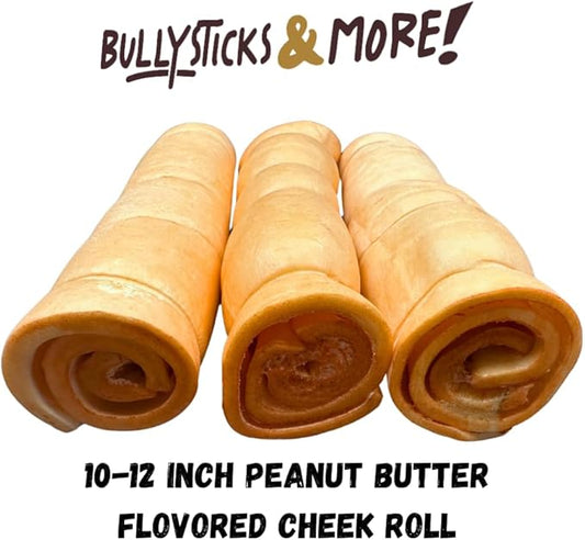 BULLYSTICKS & MORE 10-12" Beef Cheek Rolls for Dogs (Peanut Butter Flavor - 3 Count) - Beef Cheek Bones for Dogs - Dog Parents Choice - Premium No Hide Rolls