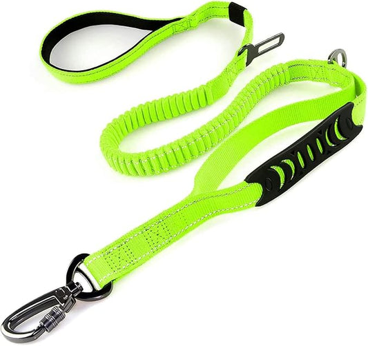 Heavy Duty Dog Leash Especially for Large Dogs Up to 150lbs, 4 Ft Reflective Dog Walking Training Shock Absorbing Bungee Leash with Car Seat Belt Buckle, 2 Padded Traffic Handle for Extra Control