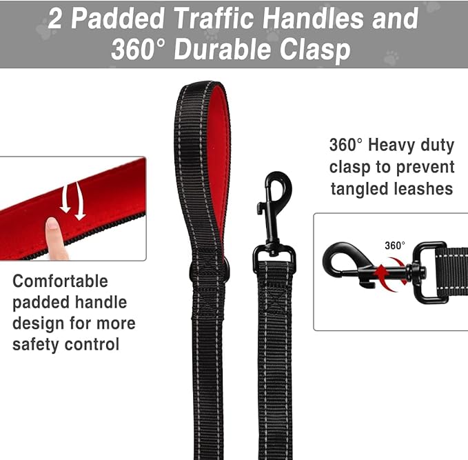 Heavy Duty Double Handle Leash - Reflective Training Lead, Perfect for Medium to Large Dogs (5FT, Black)