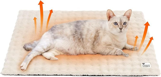 FUNNY FUZZY Self Warming Cat Bed, Waterproof Self Heating Pad for Cats & Dogs, Cozy Plush Warm Pet Mat with Removable Washable Cover - ThermoPad, 25.5"×17.7", Cream White
