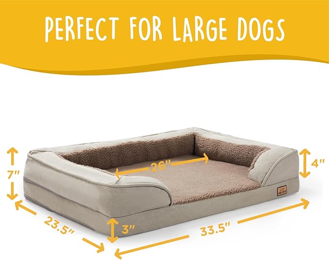 JoJo Dog Bed for Large Dogs, Washable Dog Sofa with Removable Cover, Supportive Foam Pet Couch Bed with Nonskid Bottom, Tan