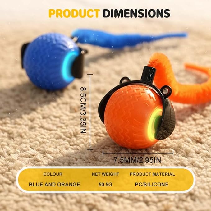 Cat Toys for Indoor Cats, 2025 New Interactive Cat Toy Ball, Automatic Moving Cat Toy for Indoor Use, Rechargeable Feather Tail Cat Toy with Stimulation for Small Medium Large Cats (2 * Blue)