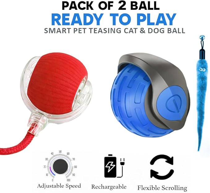 KBLZONE Interactive Cat Ball Toy – Smart Rolling Pet Ball with Obstacle Avoidance, USB Rechargeable, Cord Tail Design – Fun Enrichment Toy for Indoor Cats & Small Dogs (Blue + Red)
