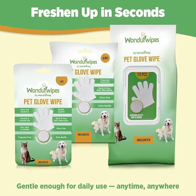 12pc. Premium Pet Glove Cleaning Wipes for Dogs & Cats | Textured, Deodorizing & Hypoallergenic Gloves with Aloe Vera & Shea Butter – Gentle, Skin-Safe Wipes for Fur, Face & Body, Odor Control
