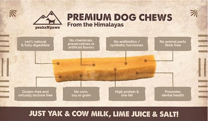 peaksNpaws Himalayan Yak Chews, High Protein Dog Treat for Aggressive Chewers, Natural, Long Lasting, Lactose Free Chew Stick for Pet Under 35 lbs, 4 Medium Treats, 100% Eco-Friendly Packaging