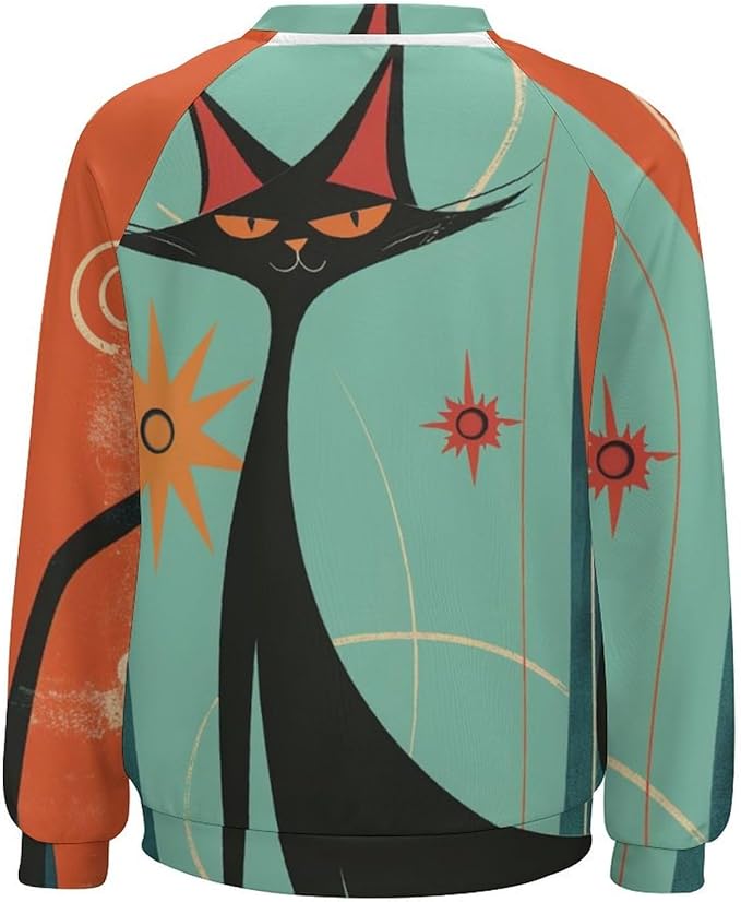 Biacolum Long Sleeve Shirts for Women Mid Century Retro Style Atomic Cat 3D Graphic Sweatshirts Fall Crewneck Pullover Top