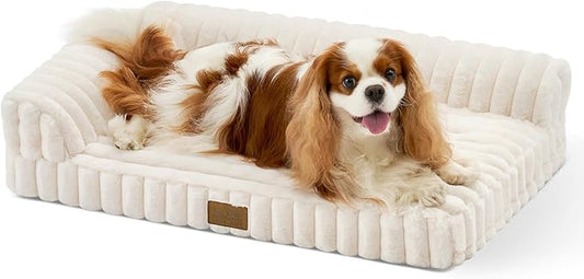 Cute Dog Bed, Faux Fur Orthopedic Foam Dog Bed with Sides, Removable Washable Cover & Waterproof Lining, Comfortable Pet Couch for Small Dogs, Cream (30" L x 20" W x 6" Th)
