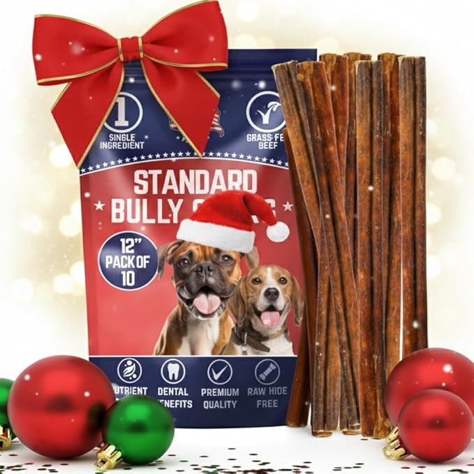 Devil Dog Pet Co. Bully Sticks – 12 Inch, 10 Pack, Standard Sized Dog Chews, 100% Natural, Single Ingredient, Free-Range Grass-Fed Beef – Long Lasting, Rawhide-Free Treats for Dogs