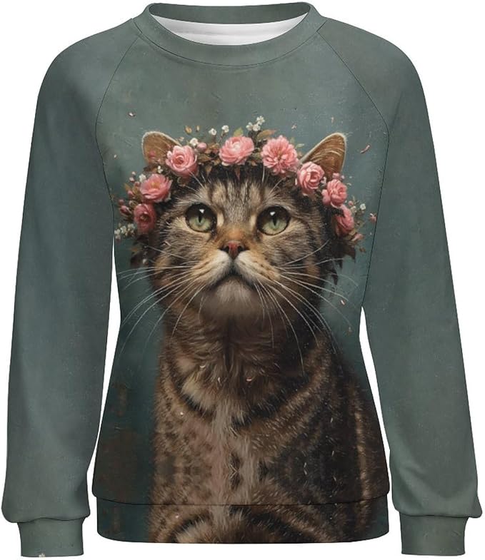 Womens novelty funny cat printed crewneck sweatshirt casual loose long sleeve graphic pullover sweatshirts tops