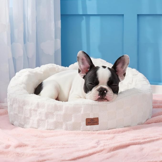 Joydeco Dog Bed for Small Dogs & Cats, Washable Cloud Pet Bed with Orthopedic Foam and Removable Checkered Plush Pad, Non-Slip Bottom for Indoor Puppies and Kittens, 27x24 Inch, White