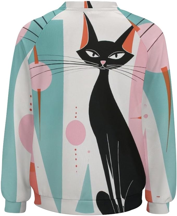 Biacolum Long Sleeve Shirts for Women Mid Century Retro Style Atomic Cat 3D Graphic Sweatshirts Fall Crewneck Pullover Top