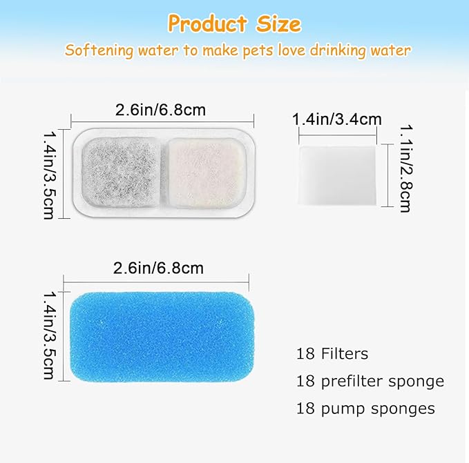 18 Set Cat Fountain Replacement Filters Compatible with oneisall PWF-001 2L/67oz Stainless Steel Pet Water Fountain Filters with Replacement Pre-Filter Pump Sponges