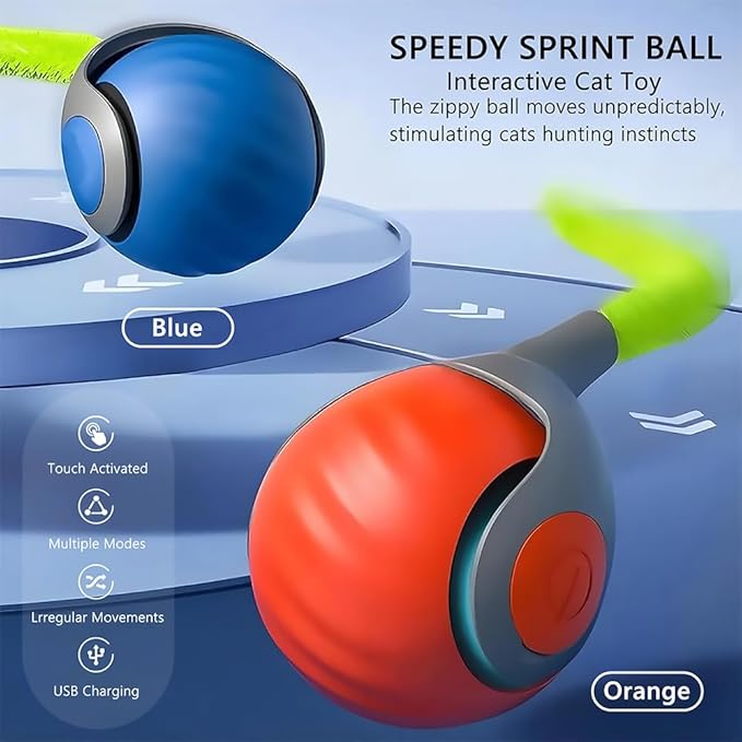 Pamerco Automatic Cat Ball Toy with 2 Feather Tails - Rechargeable Interactive Cat Toys, 2-Speed Motion Activated Roller for Indoor Cats to Relieve Boredom (Small/Medium/Large Cats) (Orange)