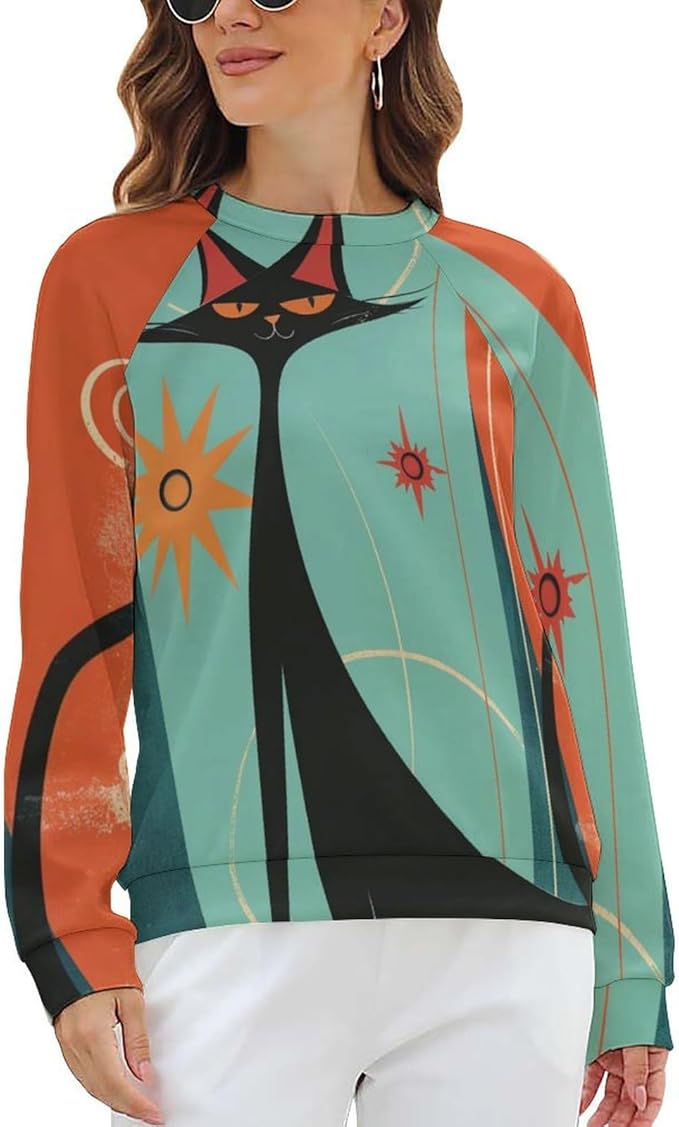 Biacolum Long Sleeve Shirts for Women Mid Century Retro Style Atomic Cat 3D Graphic Sweatshirts Fall Crewneck Pullover Top