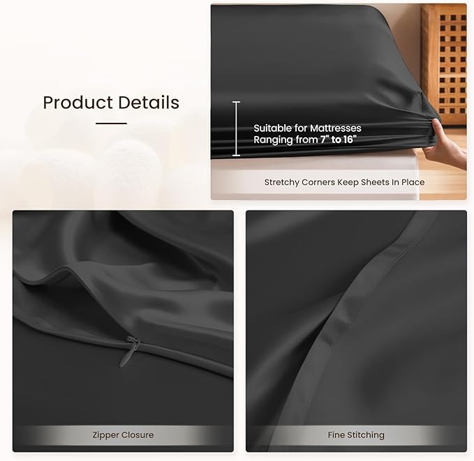 THXSILK Silk Sheet Set 4Pcs, 6A+ Top Grade 100% Pure Mulberry Silk Bed Sheets Ultra Soft Durable Luxury Bedding Sets Cooling, 1 Fitted Sheet, 1 Flat Sheet and 2 Pillowcases (Twin-XL, Black)