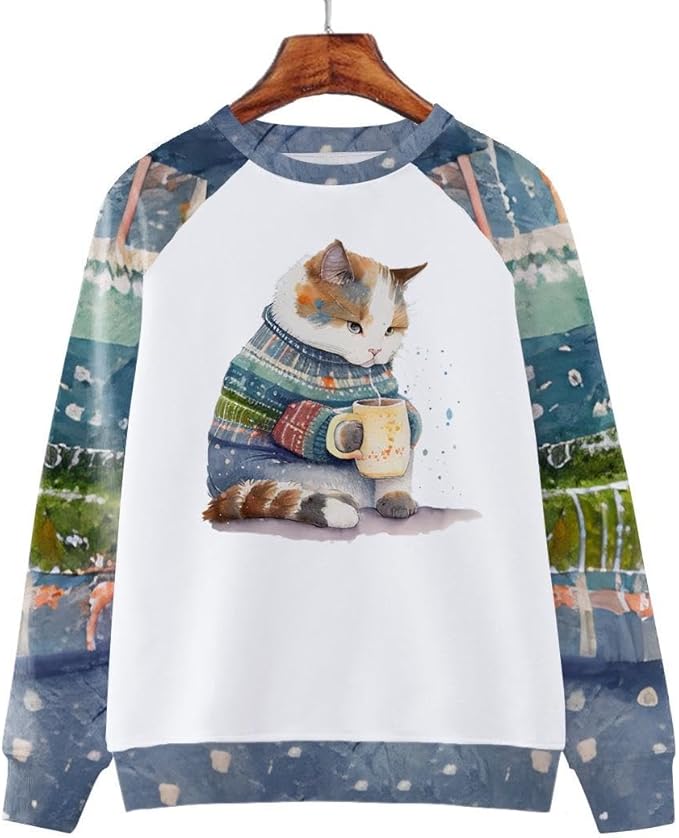 IVERIRMIN Womens 3D Cat Crewneck Sweatshirts Casual Cute Long Sleeve Shirts Pullover Tops Graphic Loose Fit Sweater for Women