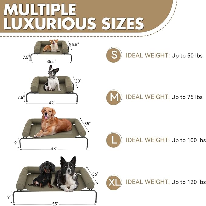 Athena Collection Outdoor Elevated Dog Bed with Removable Bolsters, 42 Inches Raised Dog Cot Washable with Metal Frame Non-Slip Feet for Medium Size Dog, Green