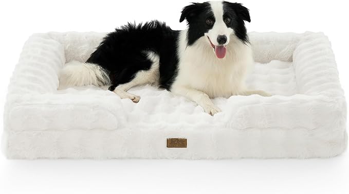 Orthopedic Dog Bed for Extra Large Dog, Faux Fur Giant Pet Sofa, Big Foam Bolster Couch with Waterproof Lining Cover, Anti-Slip, Soft, Warm, Washable, C-Shaped, XXL 48x35x8 inch, Beige