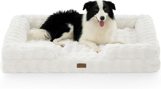 Orthopedic Dog Bed for Extra Large Dog, Faux Fur Giant Pet Sofa, Big Foam Bolster Couch with Waterproof Lining Cover, Anti-Slip, Soft, Warm, Washable, C-Shaped, XXL 48x35x8 inch, Beige