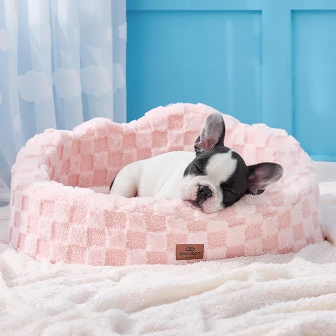 Joydeco Dog Bed for Small Dogs & Cats, Washable Cloud Pet Bed with Orthopedic Foam and Removable Checkered Plush Pad, Non-Slip Bottom for Indoor Puppies and Kittens, 27x24 Inch, Pink