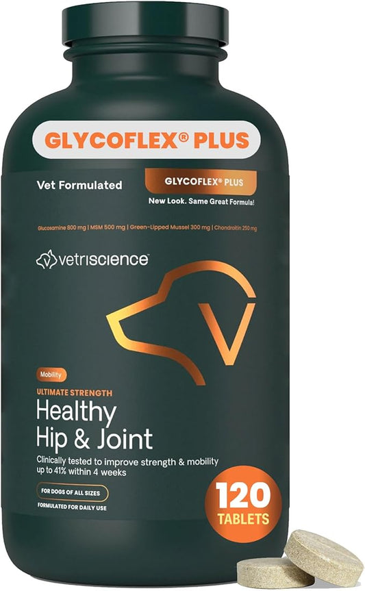 VetriScience Ultimate Strength Healthy Hip & Joint Chewable Tablets, GlycoFlex Glucosamine, Chondroitin and Green-Lipped Mussel Joint Supplement for Dogs, Soothe Joint Discomfort, Chicken, 120 Count