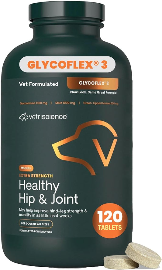 VetriScience Extra Strength Healthy Hip & Joint Chewable Tablets, GlycoFlex Glucosamine and Green-Lipped Mussel Joint Support Supplement for Dogs, Soothe Joint Discomfort, Chicken, 120 Count