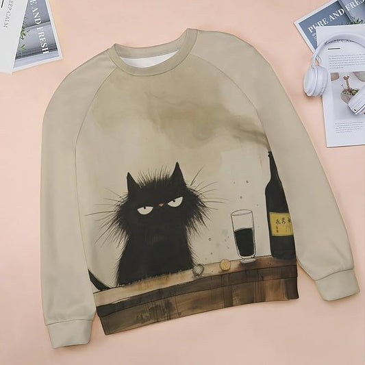 Biacolum Long Sleeve Shirts for Women Mid Century Retro Style Atomic Cat 3D Graphic Sweatshirts Fall Crewneck Pullover Top