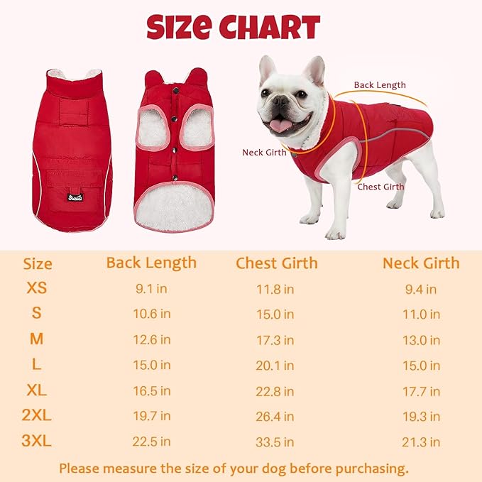 SlowTon Dog Coat - Warm Dog Winter Coat Waterproof, Reflective Winter Jacket with Pocket, Puppy Fleece Vest Pet Apparel Cold Weather Clothes for Small Medium Large Dogs Boy Girl (Red, XS)