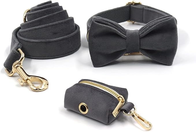 Personalized Velvet Dog Collars with Pet Name Phone Number Engraved, Custom Adjustable Soft Collar with Metal Buckle for Small Medium Large Dogs, Dog Leash and Bow Tie Available -Dark Grey