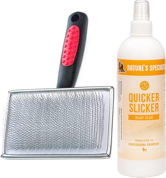 Paw Brothers Grooming Tool and Nature's Specialties Conditioning Spray Bundle - Flat Slicker Brush for Dogs, Small - Quicker Slicker Detangling and Conditioning Spray, Ready to Use, 16 oz