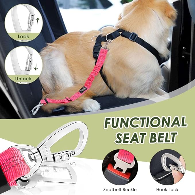 SlowTon Dog Seatbelt, 2 Pack Dog Seat Belt Car Leash Adjustable Elastic Bungee Buffer Heavy Duty Nylon Reflective Pet Safety Tether Connect to Dog Harness for Travel Riding in Vehicle (Daul Clip, FL)