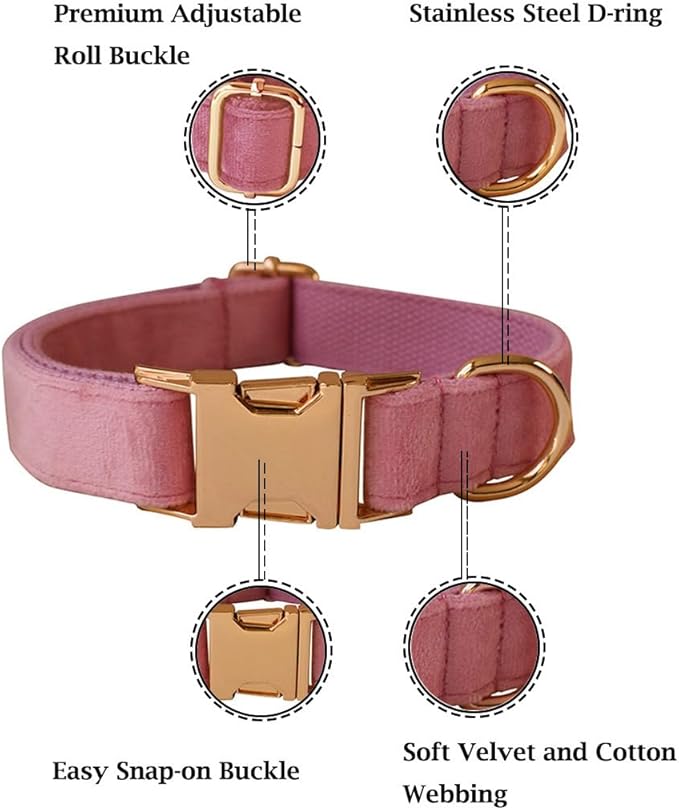 Velvet Dog Collar and Leash Set, Bright & Stylish Leash and Collar Set, Durable Pet Collars with Heavy Duty Quick Release Metal Buckle Adjustable for Samll Medium Large Dogs or Cats