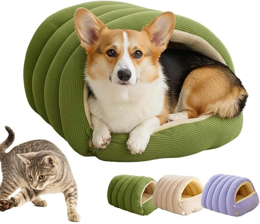 Cat Dog Cave Bed, 2026 New Winter Cave for Dog and Cat, Warm Plush Covered Cat House with Removable Cushion, Soft Sleeping Bed for Indoor Cats (Green, Medium)