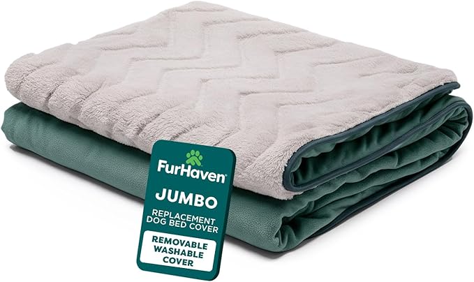 FurHaven Dog Bed Cover Replacement, Sofa-Style Design with Soft, Breathable Fabric for Cozy Comfort, Machine Washable, Jumbo/XL, Plush & Velvet Waves, Celadon Green