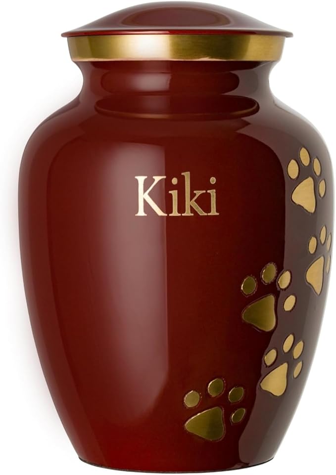 Pet Urn for Dogs and Cats with Personalized Laser Engraving, Ottillie Paws Premier Series Memorial Urns (Large Crimson with Vertical Brass Paws)